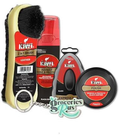 GroceriesRus KIWI Black Officers Shoe Polish Kit I Shoe Polish (75ml), Wax Black (15g), Express Shine Sponge & 2 in 1 Shoe Shine Brush I Includes Keyring