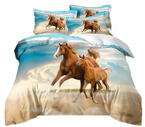 RZPFQB Cheval Parure de Lit 220 x 240 cm Mère et Son Poulain Housse de Couette pour Enfant GarçOn Fille Ado Cheval Brun au Galop Literie en Microfibre brossée Douce