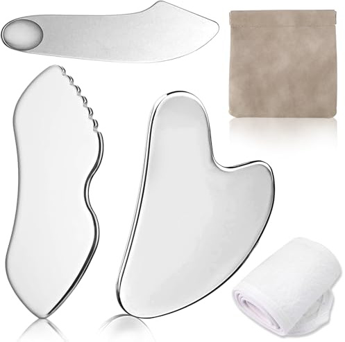 Gua Sha Facial Tools, 3Pack Stainless Steel Guasha Massage Stones with Headscarf and Storage Bag, Massage Scraper for Tighten Face Skin and Jawline Sculpting, Gua Sha Stone for Eyes Face Neck