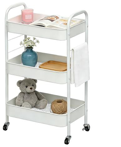 ZOESTORAGE Rollwagen mit 3 Etagen, Aufbewahrungswagen aus Metall mit Rollen für Zuhause, Badezimmer, Küche, Wäsche, Büro und Rollwagen Küche für Bücher, Gemüse und Snacks, Weiß