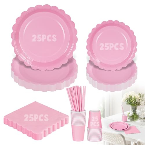 Otauoaea Anniversaire Vaisselle de Fete 125 Pièces, 25 Invités Assiette Anniversaire Vaisselle AnniversaireParty Assiettes en Papier Set Assiettes de Fête Papier Tasses Serviettesr (Rose)