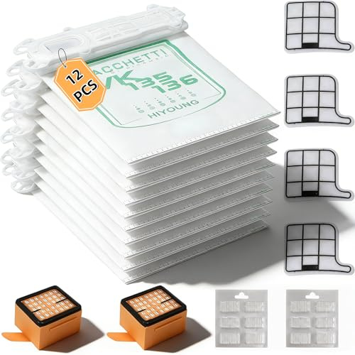 HIYOUNG 12 sacchetti per aspirapolvere compatibili con Vorwerk Folletto VK135/VK136/FP135/FP136 e 4 filtri di protezione del motore + 2 filtri igienici, set di accessori per aspirapolvere Vorwerk