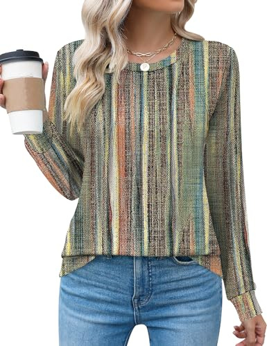 Rapbin Crew Neck Shirts for Women Long Sleeve Cute Pleated Summer Blouses Fashion Ladies Tops