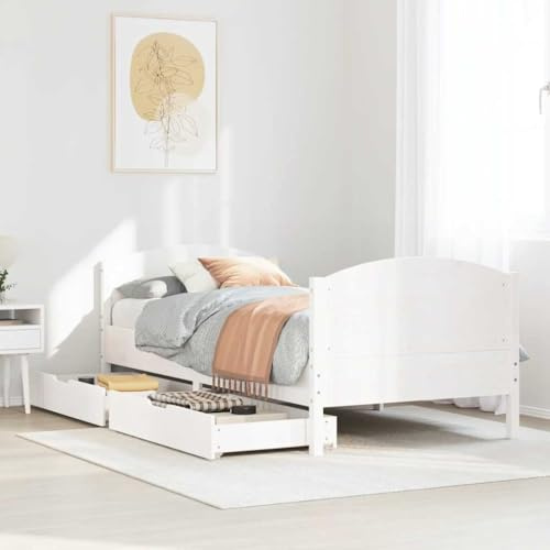 QJBSAVVA Jugendbett 90x190 Kiefer massiv weiß mit 2 Schubladen auf Rollen stabiles Einzelbettgestell ohne Matratze platzsparend für kleine Schlafzimmer