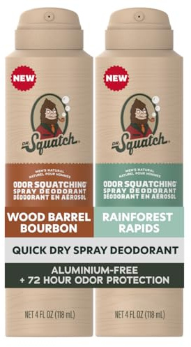 Dr. Squatch Set med 2 deodorantspray för män - Snabbtorkande, fläckfritt - Inget aluminium + dermatologiskt testat för alla hudtyper - Bourbon i trä + Snabbskog