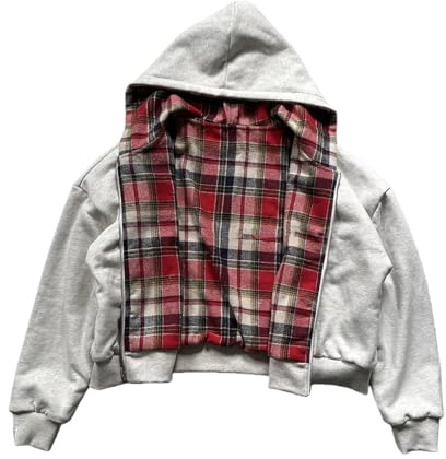 Herr vändbar rutig dragkedja huvtröja, Y2K Baggy flanell vardaglig snygg huvtröja jacka för män säckiga tröjor, Röd, L
