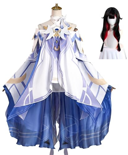 LOUYBCT Genshin Impact Columbina Cosplay Costume con Parrucca Moon Maiden Blue Dress Outfits Set Completo Uniforme Gioco Ruolo Abiti per Danza Palcoscenico Carnevale Halloween Natale Festa Carnevale