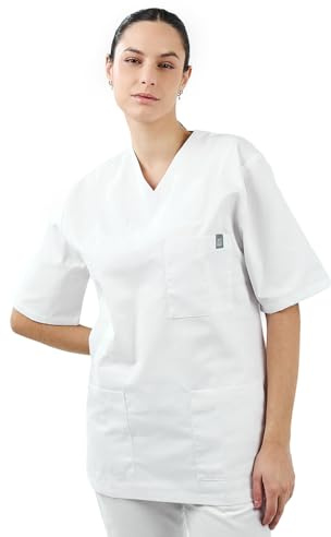 MYLOOKPRO - Tunique Professionnelle Blanche Unisexe – Blouse Médicale Polycoton Col V Manches Courtes – 3 Poches Fonctionnelles – Tenue Infirmier, Esthéticien, Laboratoire