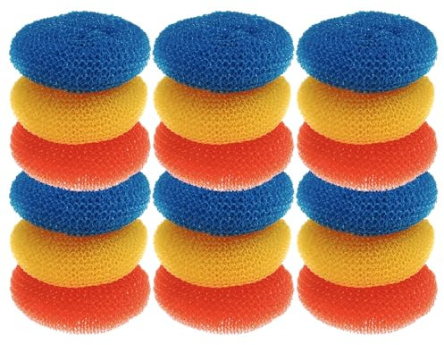 LOLA Plastic Mesh Scouring Pads - 18 Pack, 3.375 x 1.25, Non-Scratch Scrubbers to Clean Dishes, Assorted Colors - 1 Red, 1 Blue & 1 Yellow