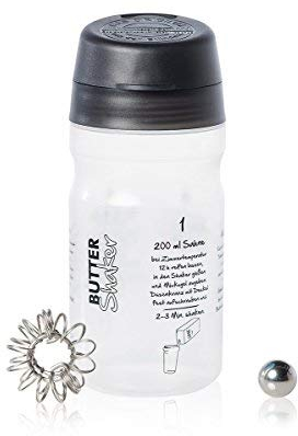 Butter Machen im patentierten Butter-Shaker. 200 ml Sahne ergeben 75g Butter + 125 ml Buttermilch. Viele Gourmetsorten möglich. Süß bis würzig. ZUSATZMIXER für SCHLAGSAHNE. 325ml-Modell in ANTHRAZIT