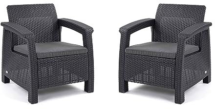 Allibert by Keter Corfu 2er Set Gartensessel aus Kunststoff, inkl. Outdoor Kissen, für Garten und Balkon, graphit / hell grau, 75 x 70 x 79cm pro Stuhl