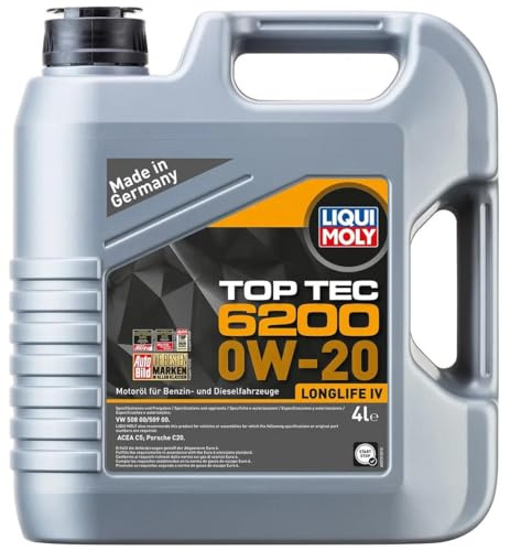 LIQUI MOLY Motoröl 0W-20 Top Tec Motor Öl ACEA C5 6200 4L Kompatibel mit VW Golf 7 Schrägheck 5G1, BQ1, BE1, BE2 Polo Schrägheck 6R1, 6C1 Passat Variant 3G5, CB5, AUDI A6 Avant 4G5, 4GD, C7, SKODA