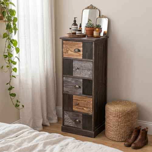 IDIMEX Chiffonnier Mara avec 5 tiroirs, Commode en Bois de Paulownia Style Vintage Ethnique bohême avec gravures