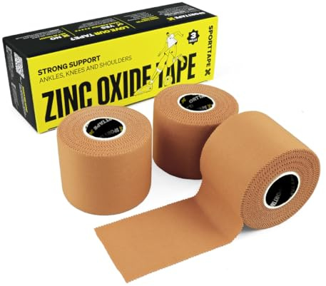 SPORTTAPE 3 Rollen Premium Zinkoxid Bräunungsband - 5,0 cm x 10 m | Athletisches Umreifungsband mit höchster Zugfestigkeit, Blasenschutzband, medizinisches Knöchelband - Handball, Volleyball