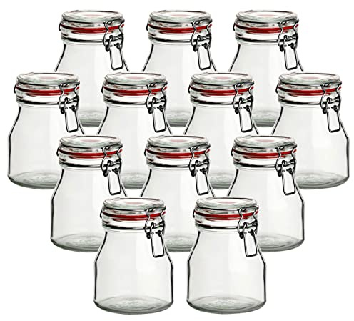 gouveo 12er Set Vorratsgläser 750 ml rund mit Bügelverschluss rot - Bügelgläser aus Glas mit Drahtbügelverschluss - Aufbewahrungsgläser mit luftdichtem Deckel