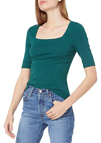 Amazon Essentials Women's T-shirt med smal passform med halvärm och fyrkantig hals, Mörkgrön, XXL