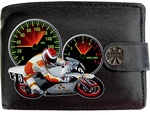 Klassek Sports Motor Bike Motorcycle Speed Dials Mens Motorbike Wallet Gift Box Brand Real Black Leather RFID Blocking with Coin Pocket