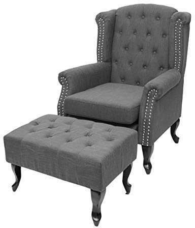 Mendler Sessel Chesterfield, Relaxsessel Clubsessel Ohrensessel, wasserabweisend Stoff/Textil - dunkelgrau mit Ottomane