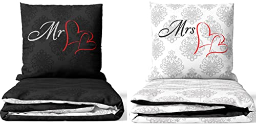 Leonado Vicenti Partner Bettwäsche 4teilig Mr. & Mrs. Herz grau anthrazit Wendeoptik mit Reißverschlus (Mr. & Mrs. Grau/Anthrazit, 155 x 220 cm)