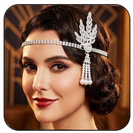 GORTIN 1920's Flapper Headband Leaf Rhiestones Headpiece Pearl Tassel Headdress Head Bands Bridal Flapper Hair Accessories Head Chain for Women (Silver)