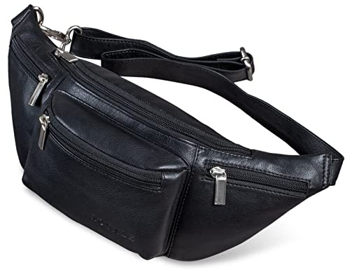 ROYALZ 'Laguna' Bauchtasche Leder Vintage Look Gürteltasche Unisex auch als Brusttasche Crossbody Bag Hüfttasche für Damen und Herren Echtleder, Farbe:Schwarz