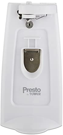 Presto By Tower PT19007WHT 3-in-1 Electric Can Opener with Bonus Built-In Knife Sharpener, Detachable Cutting Head, Cord Storage, One Touch Opening, White
