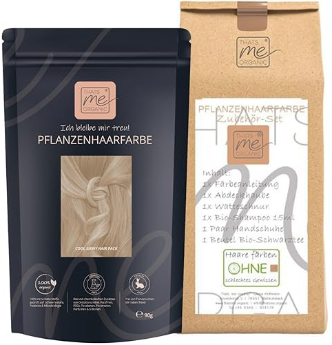 Thats me Organic® Profi Pflanzenhaarfarbe + Zubehörset (cool shiny) – Bio Haarfarbe ohne Chemie – Haarfarbe für gesundes Haarefärben auch während Schwangerschaft und Stillzeit
