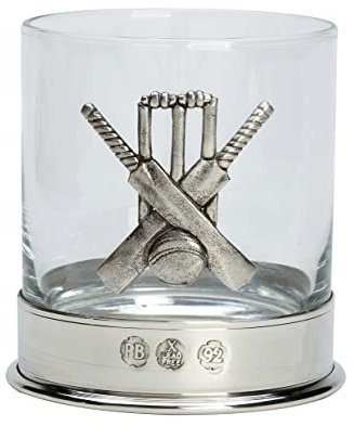 Farm Cottage Brands Verre à whisky en étain sans plomb monté 355 ml avec un ensemble de cricket emblème de chauve-souris, balle et guichets dans une boîte de présentation de 1 ou 2 verres (1)