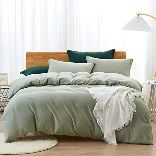Dreaming Wapiti Duvet Cover King,Washed Microfiber King Size Green Duvet Cover Set,Solid Color - Soft and Breathable with Zipper Closure & Corner Ties (Green, King)