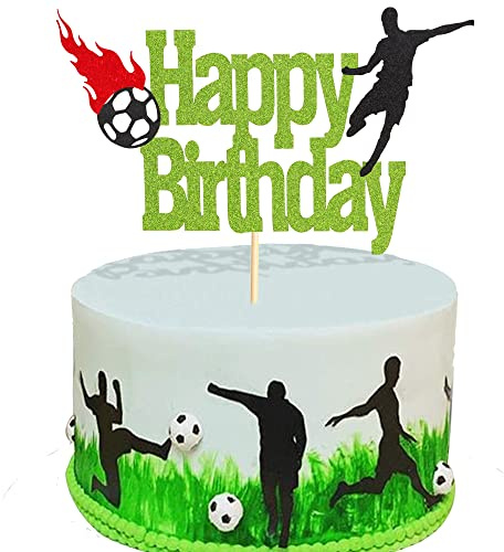 Arthsdite Soccer Cake Topper Happy Birthday Sign Football Player Cake Decorations for Sport Theme Man Boy Girl Birthday Party Supplies - Green Glitter