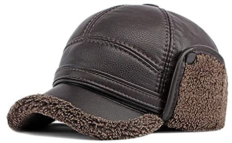 MUYAN Baseball Cap mit Ohrenklappen Herren PU Leder Schirmmütze mit Nackenschutz Winddicht Warm Wintermütze (Kaffee (56-58cm))
