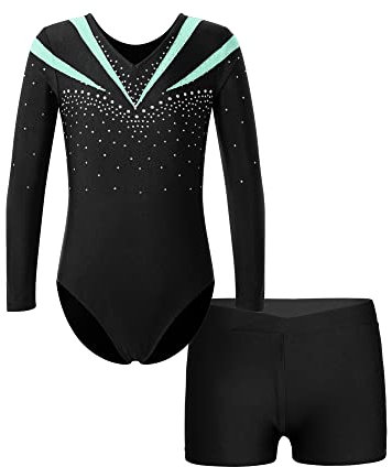 iEFiEL Kinder Mädchen Turnanzug Gymnastik Outfits Glitzer Trikot mit Shorts Tanz Akrobatik Bodysuit V-Ausschnitt Sport Anzug A Hell Grün 158-164