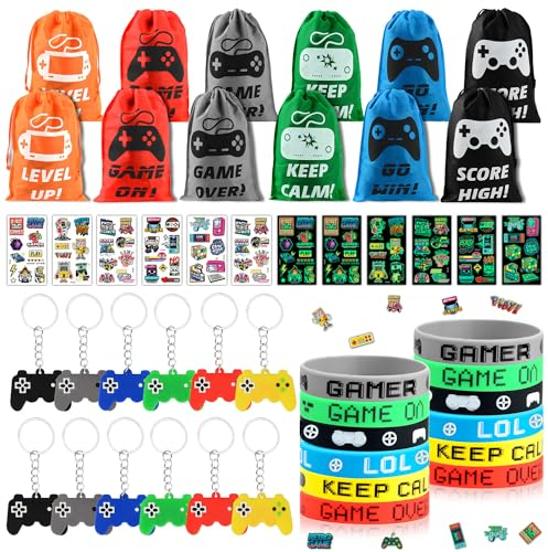 Videogiochi Gadget Compleanno Bambini, 48 Pezzi Regalo Festa Compleanno con Bracciale Silicone, Portachiavi, Borse con Coulisse e Tatuaggi Temporanei Luminosi, Festa Giocattolo per Bambini Giocatore