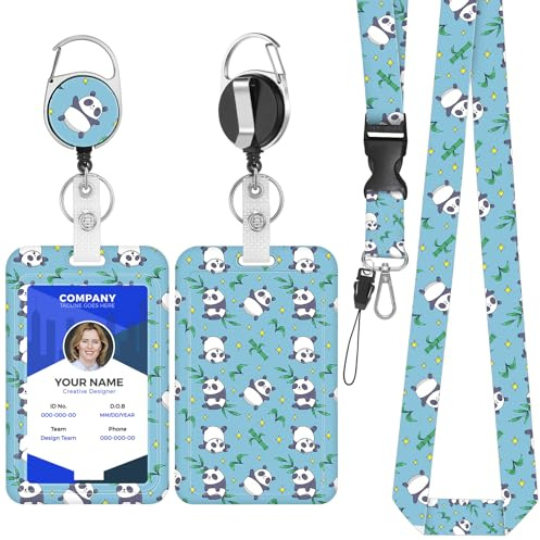 Amabro Cordon en forme de panda mignon avec porte-badge et enrouleur rétractable, cordon tour de cou réglable, porte-clés détachable, protecteur pour carte de nom