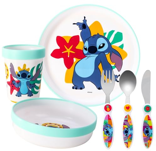 Zawadi Global Stitch Kids - Set da tavola per bambini, 6 pezzi, piatto, ciotola, tazza, coltello, forchetta, cucchiaio, posate per bambini, 0000620