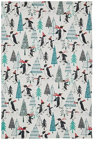 Ulster Weavers 100% Cotton Christmas Tea Towel, Red/Multicoloured, Penguins on Ice