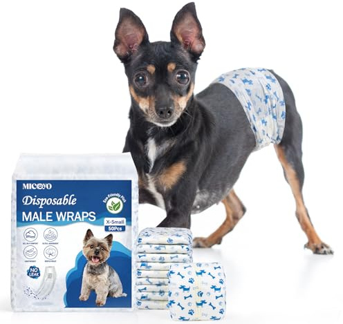 MICOOYO Dog Diapers Male Disposable Super Absorbent Male Dog Wraps Lighter Dogs Diaper Leakproof Puppy Diaper Doggie Diapers with Wetness Indicator (XS, 20Counts)
