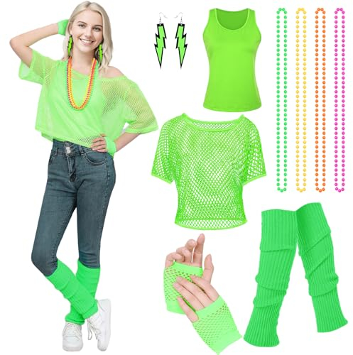 80er 90er Jahre Netzoberteil Damen, 80er Jahre Outfit Damen Set, Neon Netz Shirt Mädchen, Retro Kostüm Accessoire mit Netzhandschuhe Beinstulpen für Mottoparty Karneval Neon Party (Grün, L)