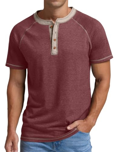 Sailwind Herr Henley T-shirt bomull klassisk farfar t-shirt sommar kortärmad löpning män toppar, Röd brokig, L