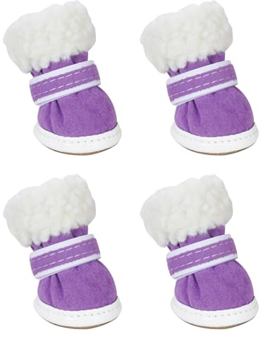 CutitiUU 2 Paar Hundeschuhe für den Winter,Schuhe mit hohem Halsband aus gepolsterter Baumwolle Hunde-Schneestiefel,Hundestiefel,Pfotenschutz für Hunde,Plüsch Hundestiefel (Lila)