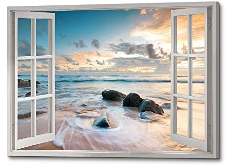 TAR TAR STUDIO Leinwandbild mit Sonnenaufgang, kleines offenes Fenster, Strandbild, Felsen, Landschaftsdrucke, natürliche Landschaft, Dekoration für Schlafzimmer, Badezimmer, Büro