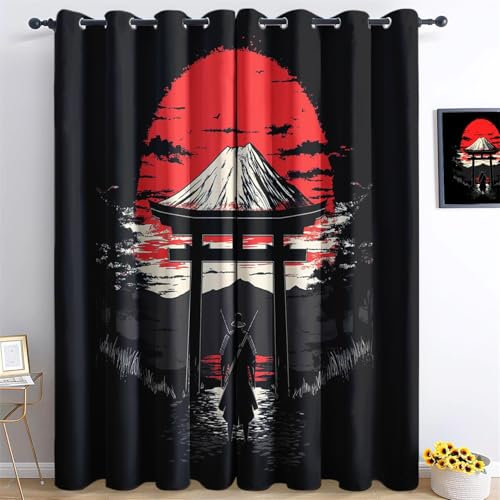 Verdunkelungsvorhänge Rote Sonne Holzhaus Samurai Mit Ösen Thermovorhang Hitzeschutz Rot Blickdicht Vorhänge mit Ösen Gardinen Deko Ösenvorhang Dekoschal H214 x B91.5 cm (2er Pack)