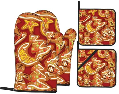 Ofenhandschuhe und Topflappen-Set, süße Weihnachtsplätzchen, hitzebeständig, Küchen-Backhandschuhe, rutschfeste Oberfläche zum Kochen, Backen, Grillen, Grillen