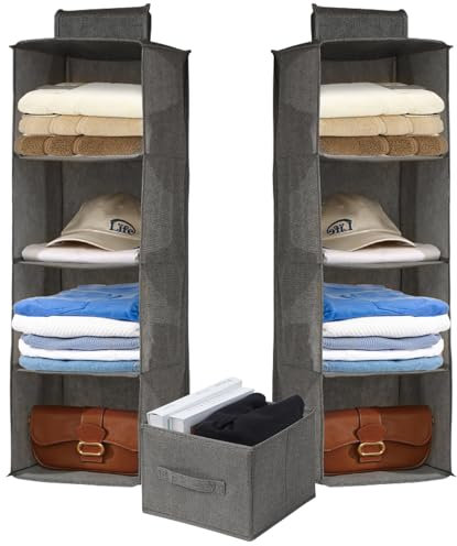 FALSKT 2-Pack Hanging Wardrobe Storage Organiser with 4 Shelves and Removable Drawer, Modern Grey Closet Shelves