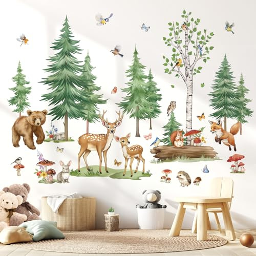 wondever Wandtattoo Waldtiere Baum Groß Kiefer Wandsticker Birken Hirsch | Abziehen und Aufkleben, Abziehbar, Wandaufkleber Selbstklebend für Kinderzimmer Babyzimmer Schlafzimmer Wanddeko