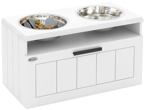 PawHut Raised Dog Bowl with Slow Feeder, Drawer for Extra Large Dogs, White | Elevated Pet Feeder, Two Stainless Steel Bowls