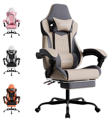 WOTSTA Gaming Chair, Ergonomic Gaming Chair with Footrest and Lumbar Support, Computer Chairs, Height Adjustable Computer Racing Gamer Chairs for Gaming or Office, Beige Blue