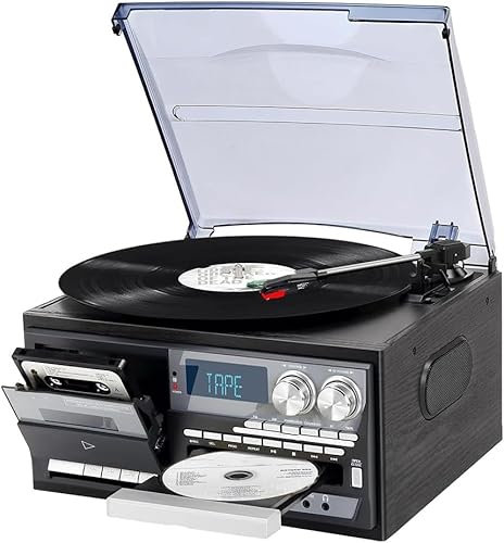 Giradischi in vinile, retro Bluetooth, con altoparlanti integrati, lettore CD e cassette, meno rumore, copertura antipolvere smerigliata, per intrattenimento