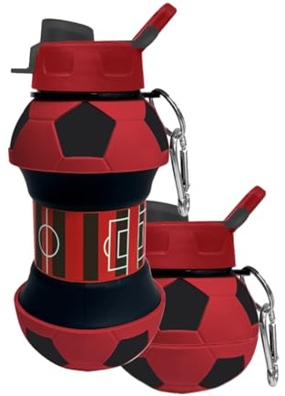 SENDUP Borraccia Calcio ROSSO/NERI Squadra del Cuore, 550ml Pieghevole a 200ml, Senza BPA, Infrangibile, Lavabile Lavastoviglie, Tappo Vite Igienico, Materiale dal Silicio, Regalo Sportivo Ecologico