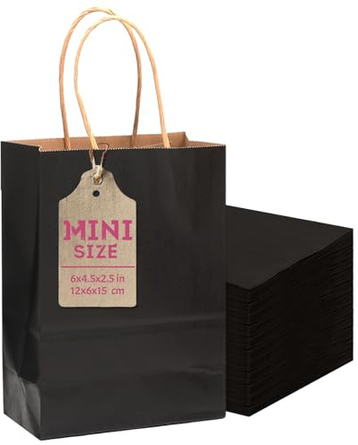 Gcardist 24 Stück Schwarz Mini-Geschenk-Taschen mit Griffen 6x4.5x2.5 Kleines Papier Kraft Party behandeln Taschen (12x6x15cm，Mini Größe)